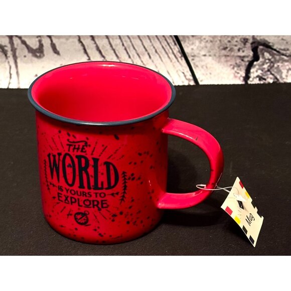Red Speckled Enamel Camping Mug - The World Is Yours To Explore - 12 Oz Dishwash - Picture 1 of 8